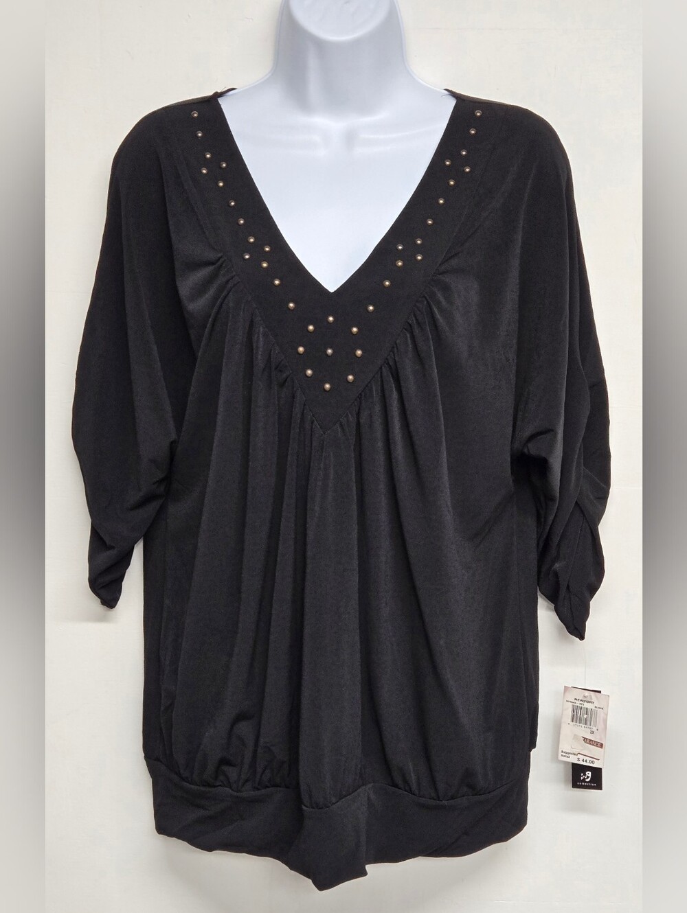 ING 2X Vintage Top Ruched 3/4 Sleeve Deep Black Embellished Silky Stretch Knit